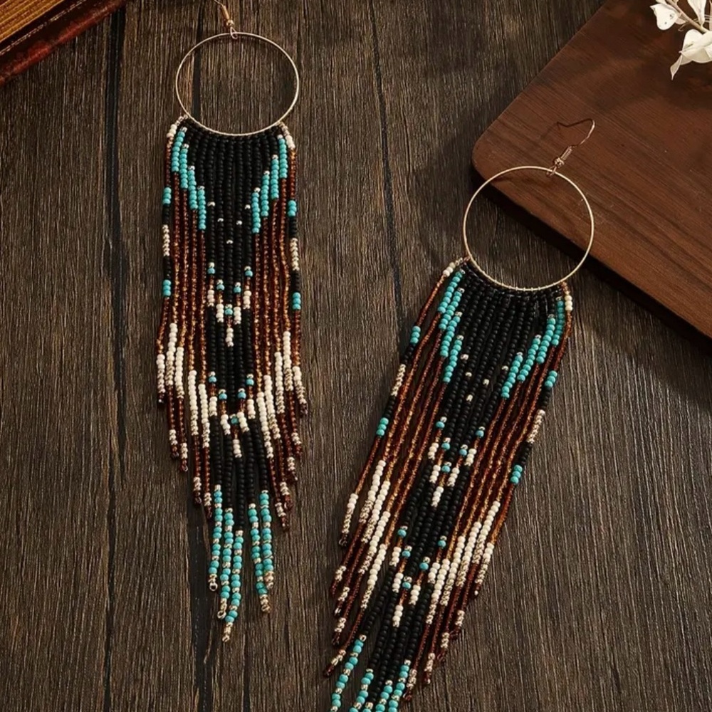 Black turquoise brown off-white beaded fringe earrings